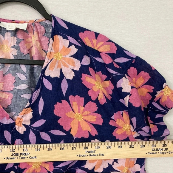 Charter Club Navy Pink Floral 100% Linen Tie Front Short Sleeve Button Down XL - Picture 4 of 10
